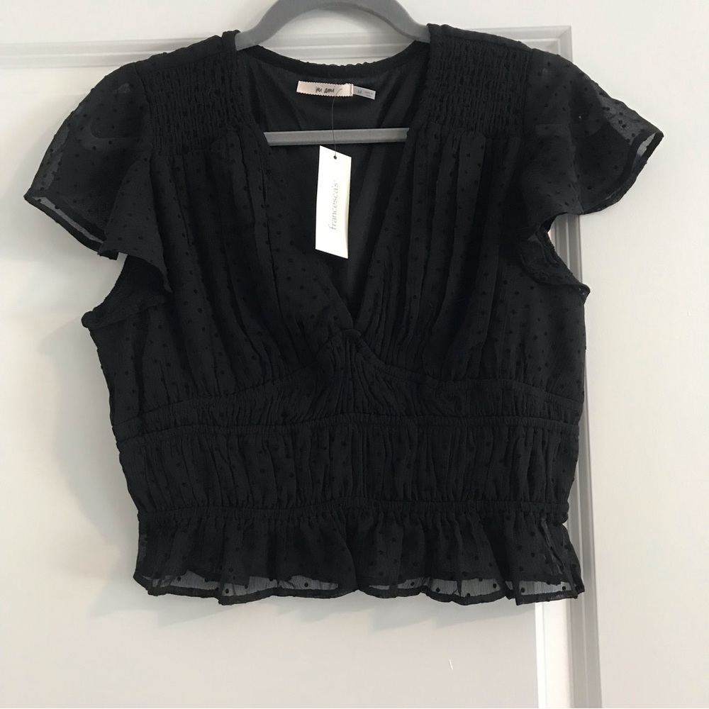Francesca’s Mi Ami Swiss Dot Black Sheer Peplum Blouse